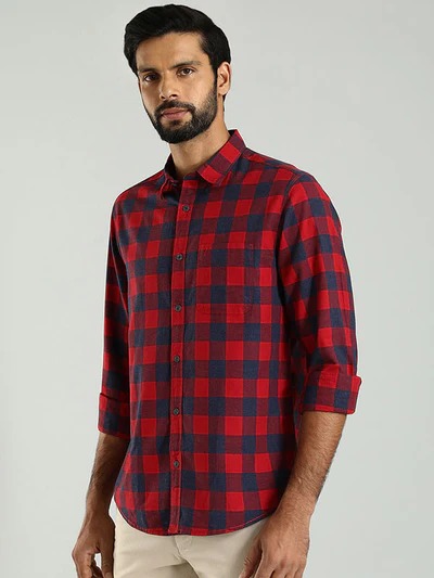 Indian Terrain Men's Regular Fit Full Sleeve Checkered Red Shirt